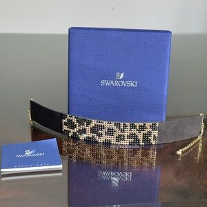 Swarovski Crystal Gold Leopard Print Spotted Black Leather Thick Choker Necklace